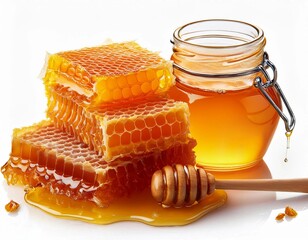 A jar of honey and Honeycomb honey and liquid honey isolated on white background
