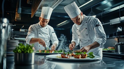 Two chefs carefully plating gourmet dishes in a professional kitchen