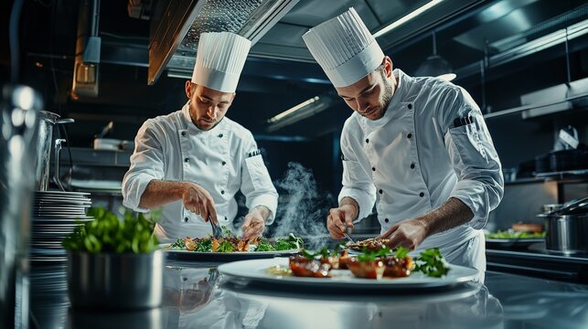 Two chefs carefully plating gourmet dishes in a professional kitchen