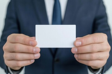 A businessman in a suit holds out his hand with blank white or transparent paper cards for you to copy space text or message on it. 