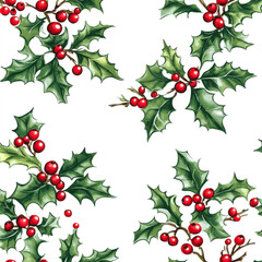 Naklejka premium Seamless Pattern with Holly Leaves on White Background