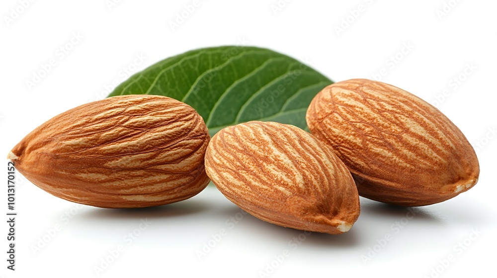 Wall mural three almonds and a green leaf isolated on a white background.