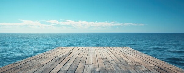 A serene wooden dock extends into a tranquil ocean under a clear blue sky, creating a perfect scene for relaxation and reflection.