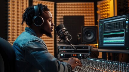 The podcaster engages in a discussion, adjusting audio levels in a dynamic studio environment during a recording session. Generative AI