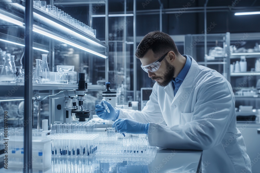 Leinwandbilder a scientist wearing a lab coat and protective gear carefully handles test tubes and samples while wo