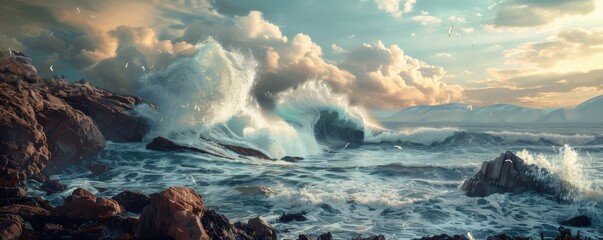 Obraz premium Tsunami wave crashing against a rocky coastline, 4K hyperrealistic photo