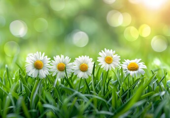 Beautiful Spring Landscape with Daisies Growing on Green Grass.