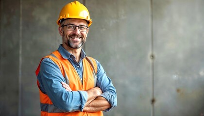 Portrait of a Smiling Construction Worker in Hard Hat and Safety Vest at a Job Site – Confident Engineer Ready for Work. 