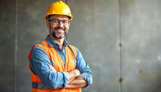 Portrait of a Smiling Construction Worker in Hard Hat and Safety Vest at a Job Site &ndash; Confident Engineer Ready for Work. 