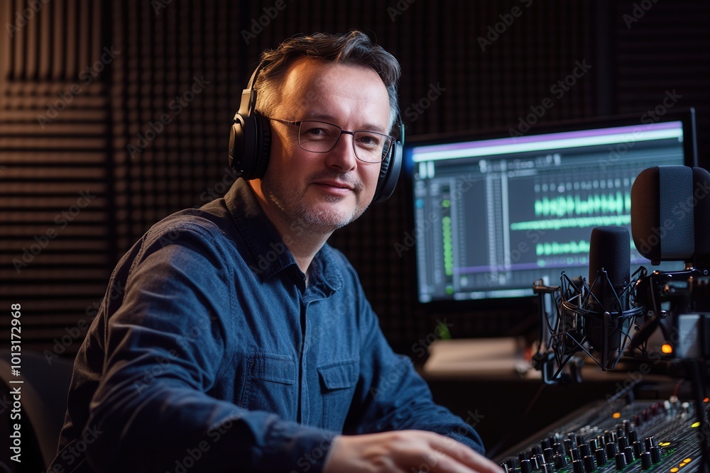 Poster a podcaster actively records audio in a studio, interacting with high-quality equipment and focused 