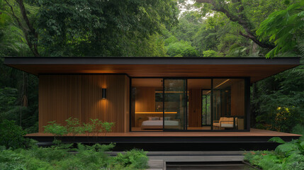 A wooden bungalow with vertical slats on the exterior walls, located in Thailand's verdant landscape. The structure features an open-air terrace and wood cladding that creates a rustic charm.