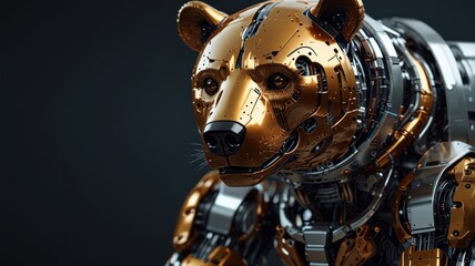 Close-up of a metallic golden robotic bear with a dark background.