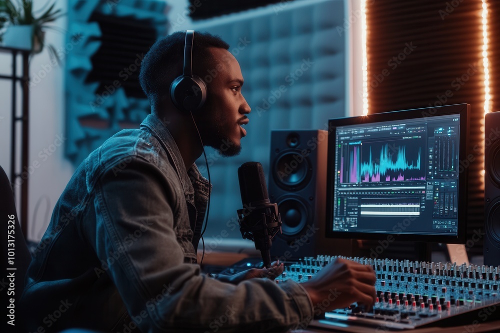 Leinwandbilder the podcaster is actively speaking into a microphone while adjusting audio settings in a well-equipp