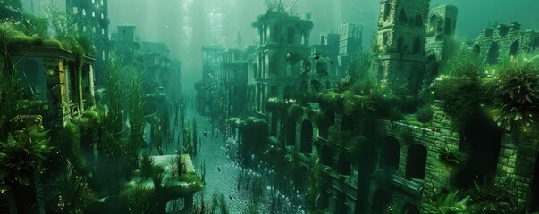 Submerged metropolis with intricate structures and shimmering aquatic plants, 4K hyperrealistic photo