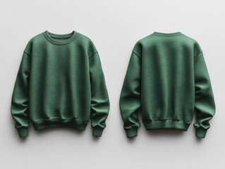 3d rendering showcasing a mockup of a dark green sweatshirt and light green long sleeve sweater from front and back views designed for graphic presentation on a crisp white backdrop