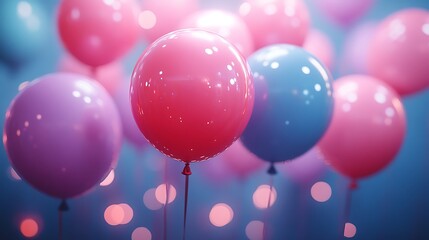Pink and blue balloons floating against a blue background with bokeh lights.
