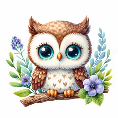 Cute cartoon owl isolated on white background. AI