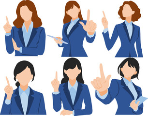 指を上に指すビジネスウーマンのイラストセット