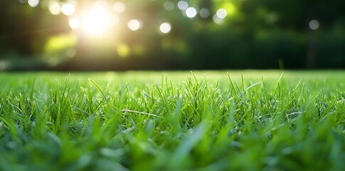 Naklejka premium Close Up of Green Grass with Sun