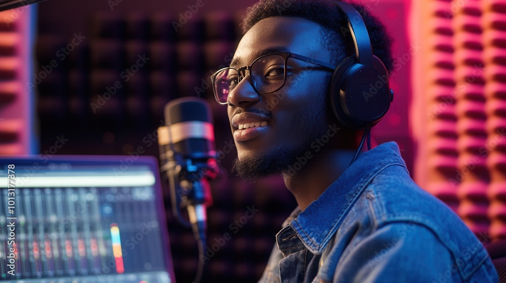 Poster a podcaster is actively speaking into a microphone, sharing insights in a vibrant studio with sound 