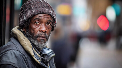 Fototapeta premium Portrait of poor homeless man on the street