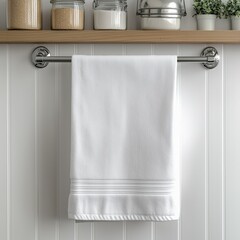 Hanging kitchen towel mock up. White linen tea towel, white rustic kitchen background. Blank folded towel template