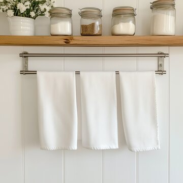 Set of three kitchen towels are hanging on rail mock up. White linen tea towel, white rustic kitchen background. Blank folded towel template, country boho style interior