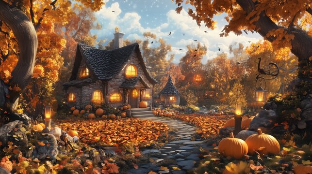 Whimsical vintage-style illustration, cozy autumn scene in earthy tones. Cottage, colorful fall foliage, pumpkin . Warm fall atmosphere, glowing windows and lanterns. Halloween background, wallpaper