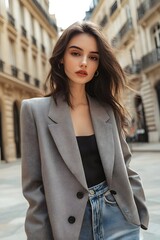 Fototapeta premium Woman wearing structured blazer and jeans