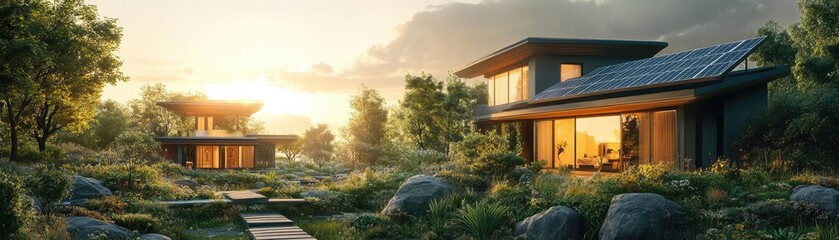 Obraz premium A sweeping landscape of smart homes integrated with nature, showcasing solar panels and urban gardens in harmony