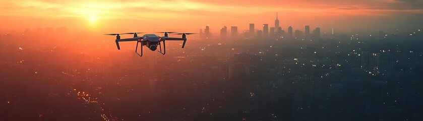 Aerial perspective on a bustling metropolis, drones weaving through narratives, immersive technology meets tradition