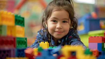 A young girl plays with colorful building blocks in a kindergarten room