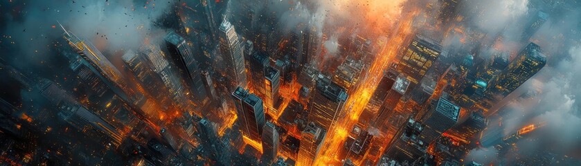 Fototapeta premium Aerial view of a futuristic cityscape, drones capturing stories of life below, vibrant colors and dynamic angles