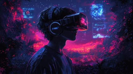 A silhouette of a person wearing a VR headset against a vibrant, digital landscape.