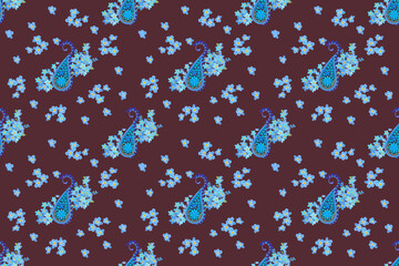 Blue paisley texture fabric pattern with blue flowers. Seamless geometric shapes, dark red background. Illustration, vector, scarf.pattern with hearts