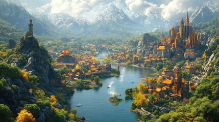 Fototapeta premium Birds-eye view of a vibrant fantasy village, nestled among gentle hills and tranquil rivers, simplistic charm and bright colors, breathtaking harmony