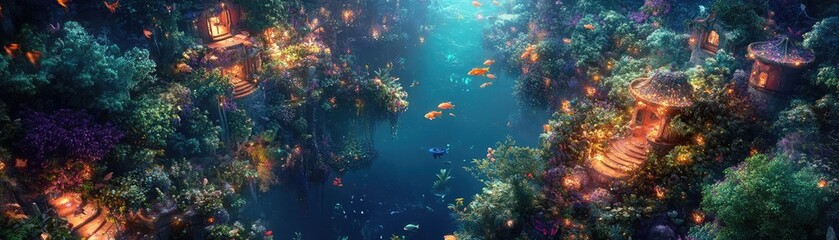 Fototapeta premium Birds-eye view of a vibrant fantasy world, illuminated by whimsical culinary creations, ethereal glow