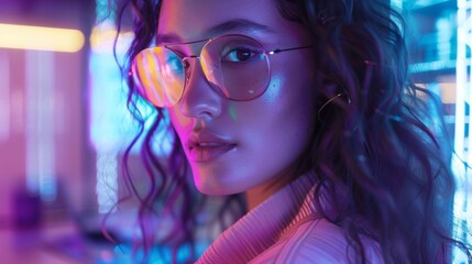 Fototapeta premium Stylish Young Woman with Glasses in Neon Colors
