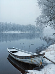 Obraz premium A small wooden boat on a river, surrounded by snow, with a forest of bare trees in the background. Nordic and Scandinavian landscape