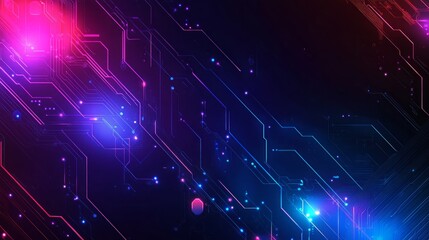 Fototapeta premium Abstract background with blue and pink glowing circuit board lines on dark background.