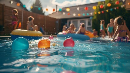 Children Enjoy a Fun Party in a Bright Backyard Pool with Colorful Balls and Floats