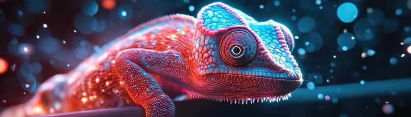 Fototapeta premium Close-up shot of a chameleon adapting its colors amidst vibrant, holographic technology, dynamic lighting effects