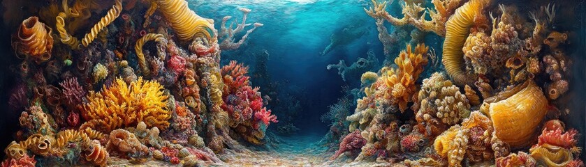 Obraz premium Frontal view, an underwater kingdom of pasta corals and sauce seas, culinary art meets fantasy, enticing textures and flavors