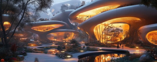 Futuristic cityscape where wildlife navigates glowing pathways, innovative lighting illuminating animal behaviors, harmonious blend