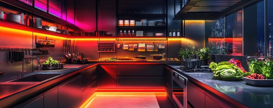Futuristic kitchen, immersive VR technology, vibrant colors, panoramic view of gourmet dishes, culinary innovation