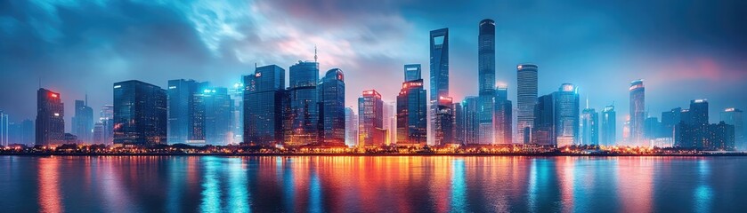 Fototapeta premium Futuristic urban landscape, surreal architecture merging innovation and adventure, radiant lighting enveloping the city, vivid dreamscape