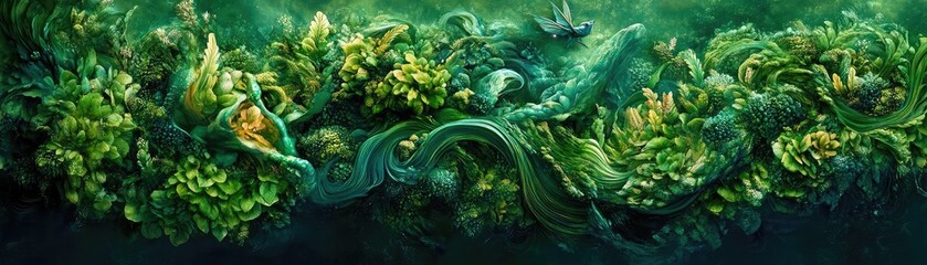 High-angle view of a vibrant fantasy landscape, lush greenery intertwined with mythical creatures, drone capturing the harmony