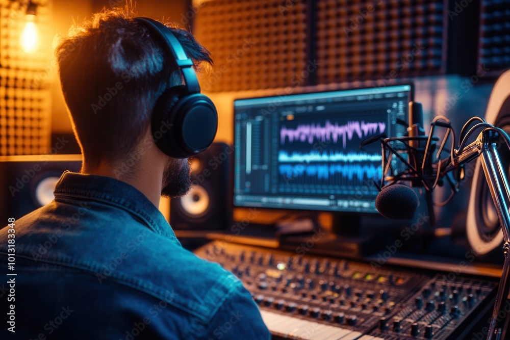 Poster The podcaster speaks into a microphone, passionately sharing insights while adjusting settings in a well-equipped recording studio. Generative AI
