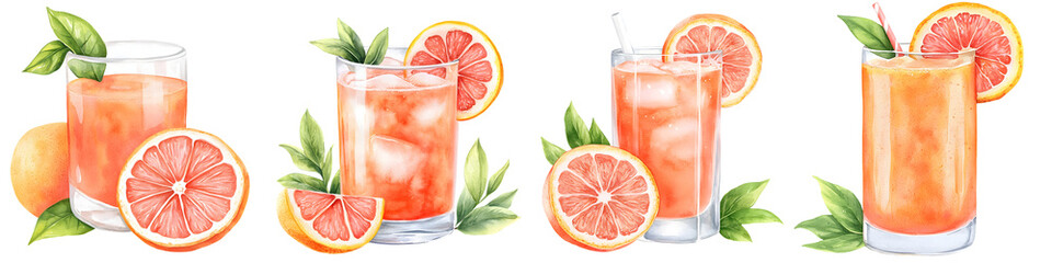grapefruit juice clipart, citrus summer drink, vibrant orange and pink, watercolor illustration, isolated on transparent background