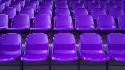 Row of purple chairs are empty. There are no people in the chairs. purple plastic chairs in the stands of an outdoor stadium, empty, front view